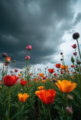 Dramatic flower field with vibrant blooms under a moody sky filled with dark clouds