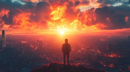 Fototapeta premium Man standing on hilltop overlooking city at dramatic sunset