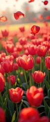 Fototapeta premium Vibrant tulip field with elegant red blooms and floating petals illuminated by soft sunlight