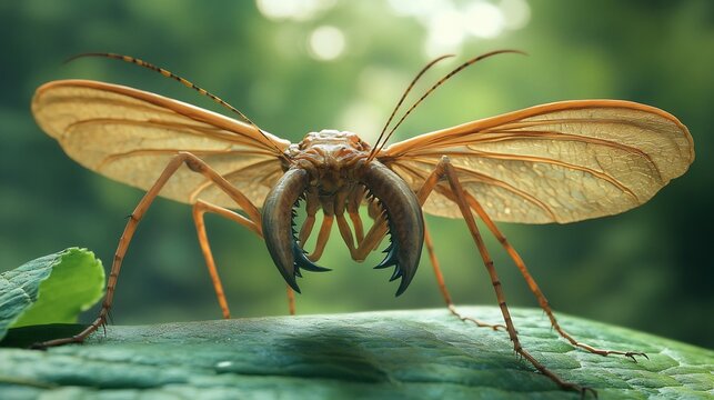Prehistoric looking Dobsonfly perched on a leaf its massive mandibles curving outward delicate wings spread in a display of its impressive size intricate details visible under soft natural light