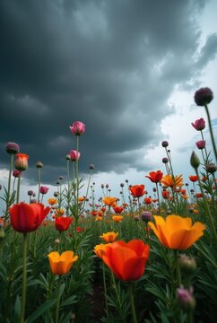 Fototapeta Dramatic flower field with vibrant blooms under a moody sky filled with dark clouds