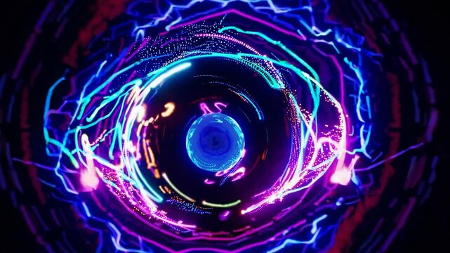 Swirling colorful neon lights around a central point, creating a captivating visual effect reminiscent of a futuristic portal or tunnel, radiating energy and vibrant motion