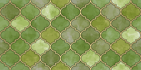 Fototapeta premium Moroccan Seamless Watercolor Pattern. Turkish Mosque Window vector print. Arabic Mosaic Ornament. Eid Mubarak Muslim Decoration. Ramadan Kareem Islamic Illustration