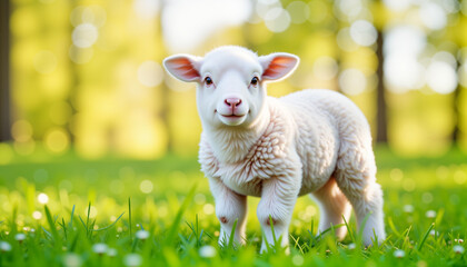 Obraz premium Close-up of a playful lamb smiling in a sunny meadow, perfect for nature blogs and educational content