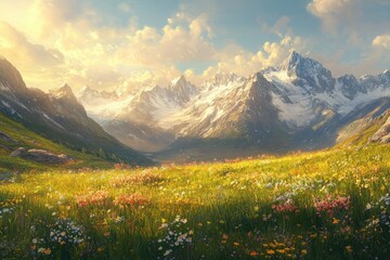 Sunlit alpine meadow blossoms vibrantly against a majestic, snow-capped mountain range.