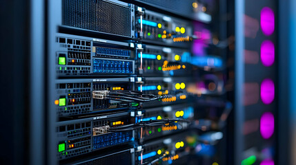 Detailed View Of A Server Rack With Blue And Green Lights In A Dark Environment