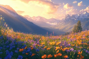 Fototapeta premium Vibrant wildflowers bloom in a picturesque alpine meadow, bathed in the golden light of sunset, with majestic snow-capped mountains in the background.