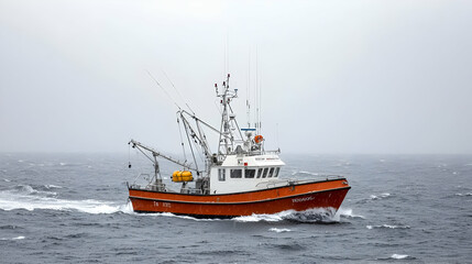 Orange And White Fishing Boat Navigating Calm Sea Under Cloudy Gray Sky
