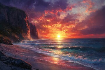 Vibrant sunset paints the sky with fiery hues over a dramatic coastal cliff and tranquil beach.