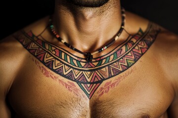 On a muscular chest, a tribal-inspired tattoo displays intricate patterns and designs, emphasizing...