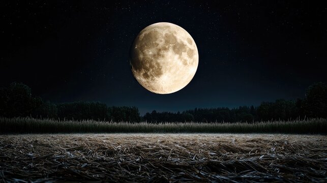 Full moon over harvested field at night