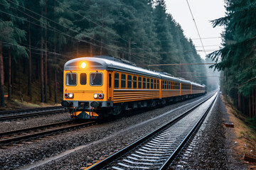 Obraz premium A yellow train traveling along a railway track in the middle of a dense green forest, creating a contrast between industrial transportation and the beauty of nature.