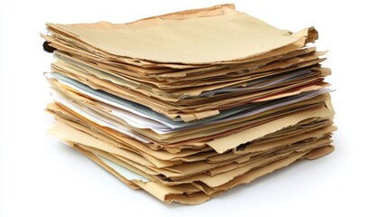 Stack of aged documents on white background