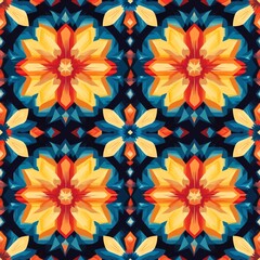 Fototapeta premium Seamless Pattern - Geometric floral pattern with vibrant colors, reminiscent of tile designs.