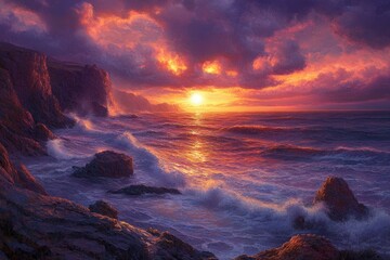 Fototapeta premium Dramatic sunset over rocky coastline, waves crashing against cliffs, fiery sky.