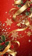 Fototapeta premium Festive Christmas background featuring decorative elements with holly and ribbons