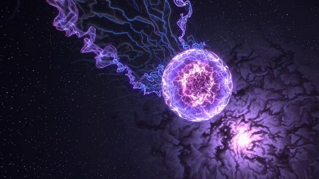 Glowing stream of stellar matter flowing from a companion star towards a white dwarf in a deep space cosmic event creating a nova explosion