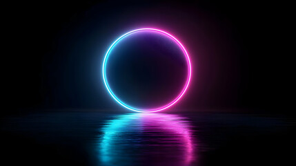 Glowing Neon Circle With Pink And Blue Light Reflecting On Wet Surface in Dark Environment