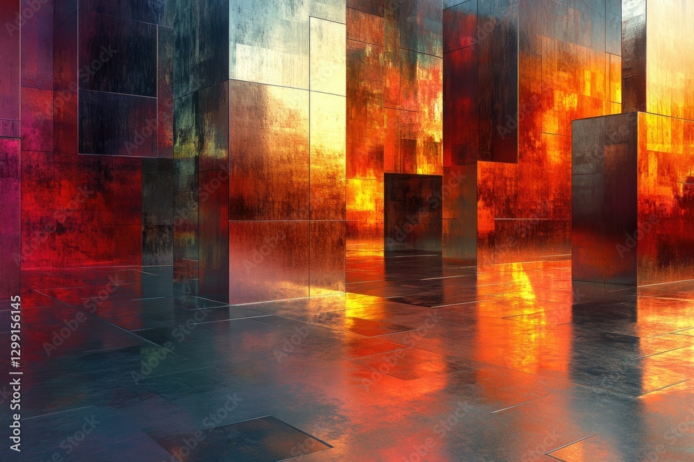 Leinwandbilder abstract 3d rendering of a metallic, cube-shaped structure with warm, fiery reflections.