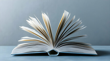 Naklejka premium Open Book on Grey Surface with White Pages Illuminated by Soft Light