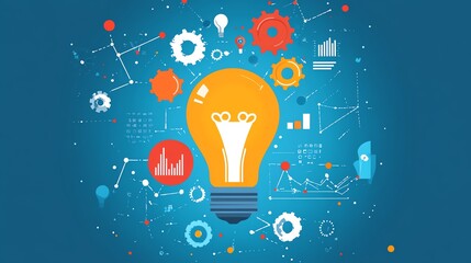 A stylish flat design of a lightbulb with integrated gears and business charts, representing the fusion of creative branding and business strategy goals in a contemporary setting