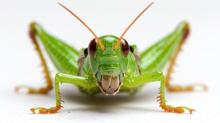 Fototapeta premium Green grasshopper close-up, studio shot, white background, nature photography
