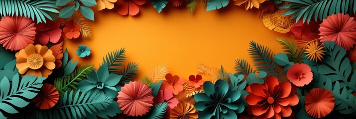 Vibrant Tropical Paper Flowers and Leaves on Orange Background