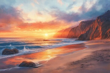 Serene sunset paints the ocean and cliffs in fiery hues, a breathtaking coastal scene.