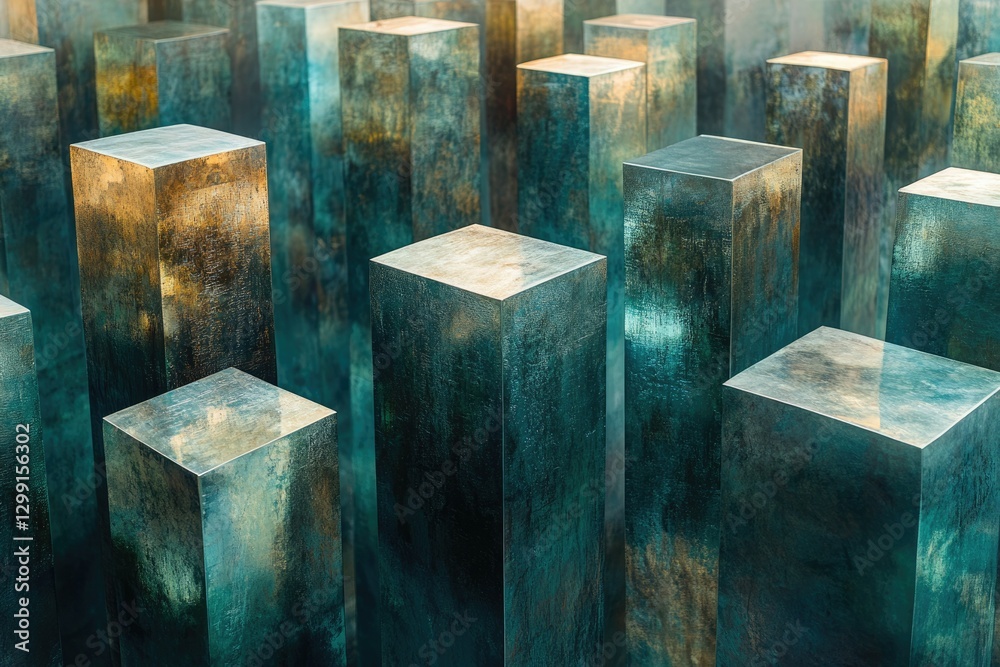 Poster A mesmerizing array of teal and gold metallic cubes, creating a dense, abstract cityscape.
