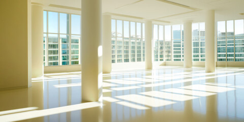Fototapeta premium Bright, open interior space with floor-to-ceiling windows, white columns, and sunlight casting geometric shadows.