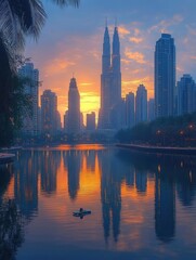 Obraz premium Serene sunset over a city skyline with reflections in the water, showcasing urban tranquility