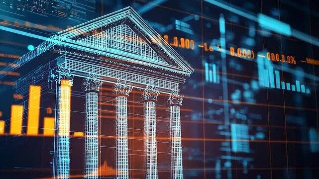 Digital representation of a classical bank building with data visualization elements surrounding it - Powered by Adobe