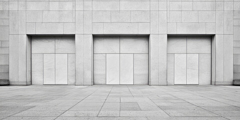 Symmetrical facade of a modern minimalist building with three closed doors