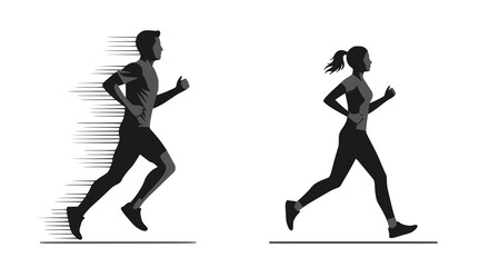 Running man and woman, isolated vector silhouettes. Run, side view. Silhouettes of athletic looking male and female runners running. JPEG version.