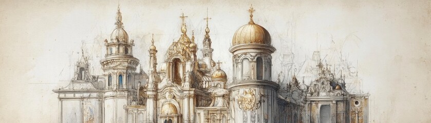 Obraz premium Sepia Drawing Of Ornate Architectural Structure With Golden Domes And Towers And Towers And Towers And Spires And Religious Buildings Detailing Architectural Structures Of Europe And Russia Or
