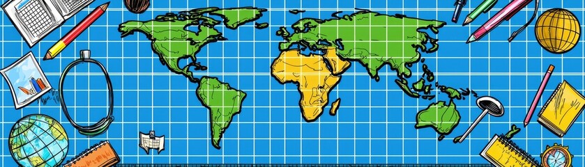 World map surrounded by school supplies; global education concept