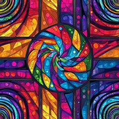 Obraz premium Seamless Pattern - Abstract Stained Glass: A swirl of radiant color and geometric shapes.