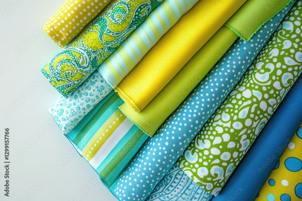 Poster a vibrant stack of teal, yellow, and green patterned fabrics, showcasing various textures and design