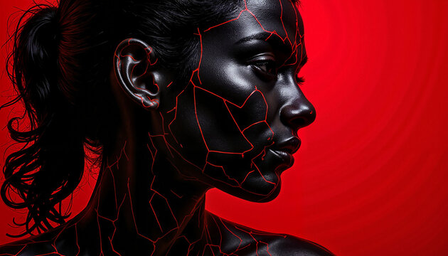 Black-skinned woman with cracked texture and red accents, side profile in a dramatic artistic portrait, copy space