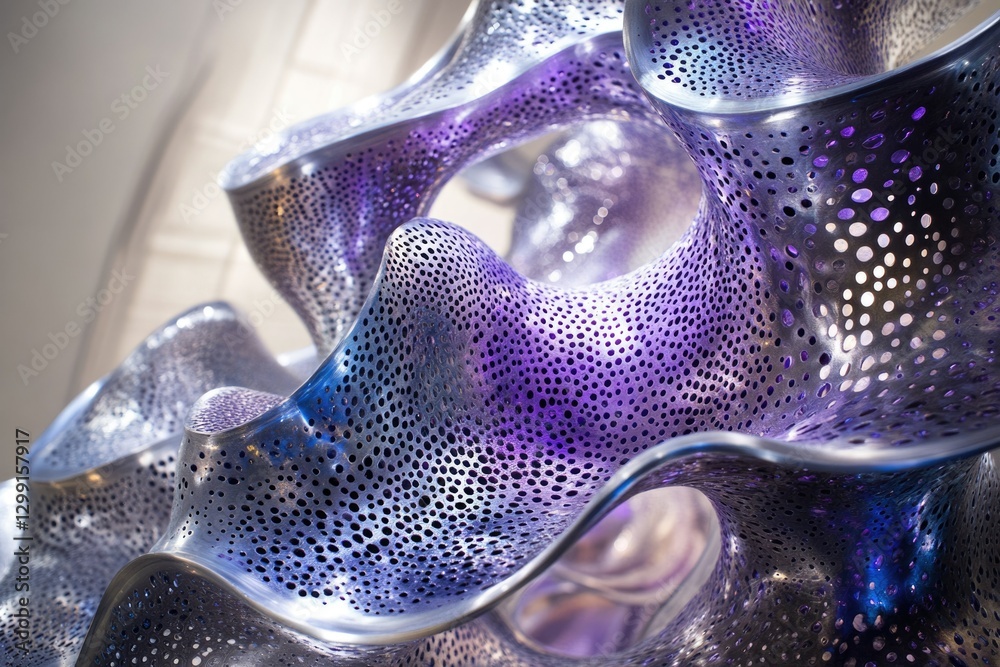 Aufkleber abstract metal sculpture with a biomorphic form, perforated with a pattern of holes, exhibiting a gr