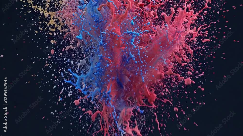 Poster white foam exploding with vibrant red and blue splashes against a deep black background, creating a 