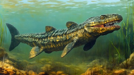 Fototapeta premium Prehistoric Gar gliding through still waters its elongated body covered in thick armored scales needle like snout filled with sharp predatory teeth