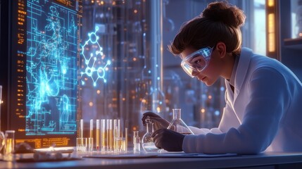 Female scientist analyzing samples in futuristic lab
