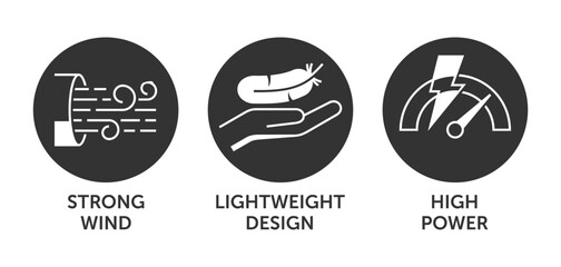 Hair Dryer icons - Strong wind, Lightweight design, High power