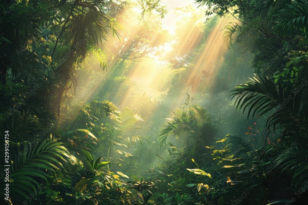 Poster sunbeams pierce through a dense, lush jungle canopy, illuminating vibrant green foliage and creating