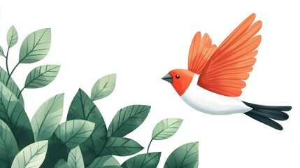 Obraz premium Vibrant Bird in Flight Among Green Leaves on a White Background