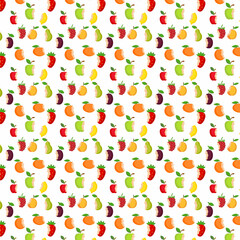A colorful background featuring fruit and berry images with bite marks depicting apples, oranges, strawberries, watermelons and more on a light beige background in a playful and modern design.