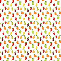 A colorful background featuring fruit and berry images with bite marks depicting apples, oranges, strawberries, watermelons and more on a light beige background in a playful and modern design.