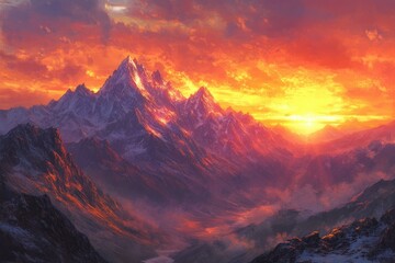 Majestic snow-capped mountains ablaze with the fiery hues of a breathtaking sunset.