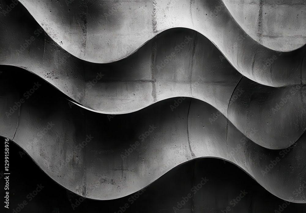 Poster abstract black and white waves in concrete texture creating flowing pattern and depth with shadows a